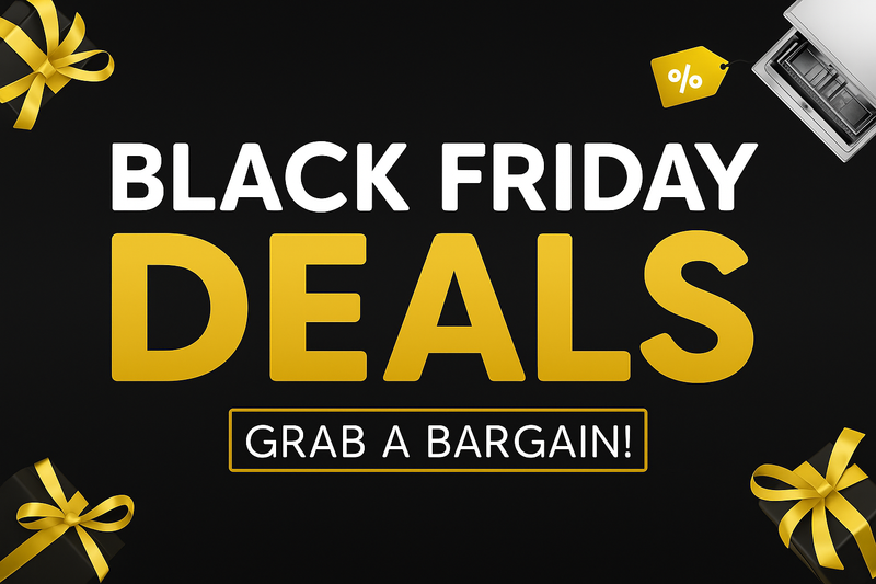Black Friday deals advertisement with yellow text and graphics on a black background